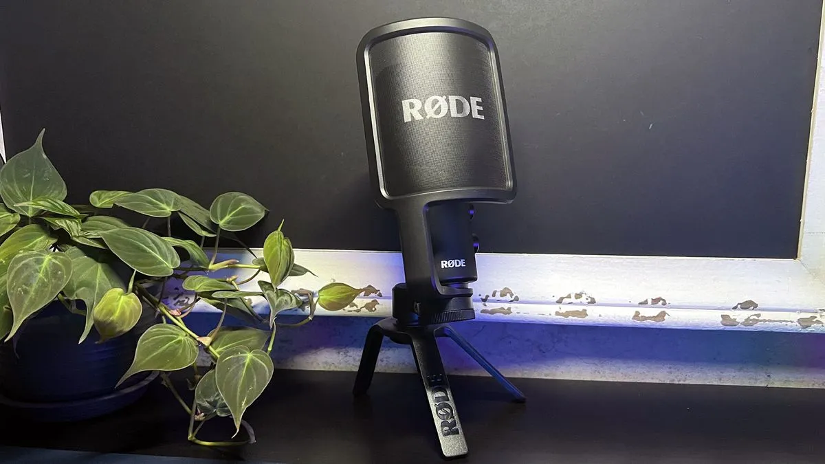 Rode NT-USB+ microphone on desk setup with plant background
