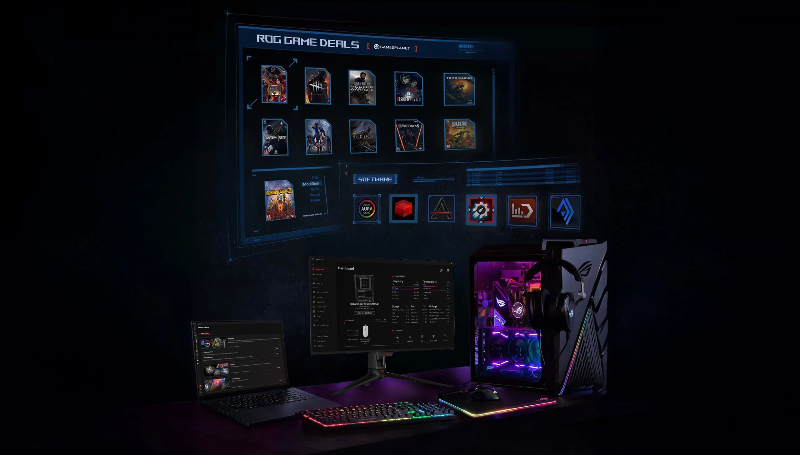 Armoury Crate interface showcasing device management capabilities