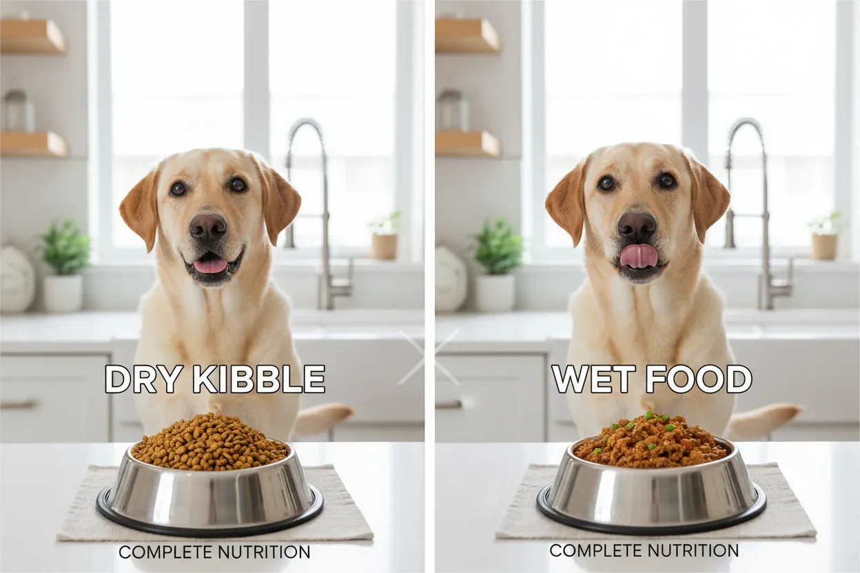 Labrador eating wet and dry dog food from separate bowls