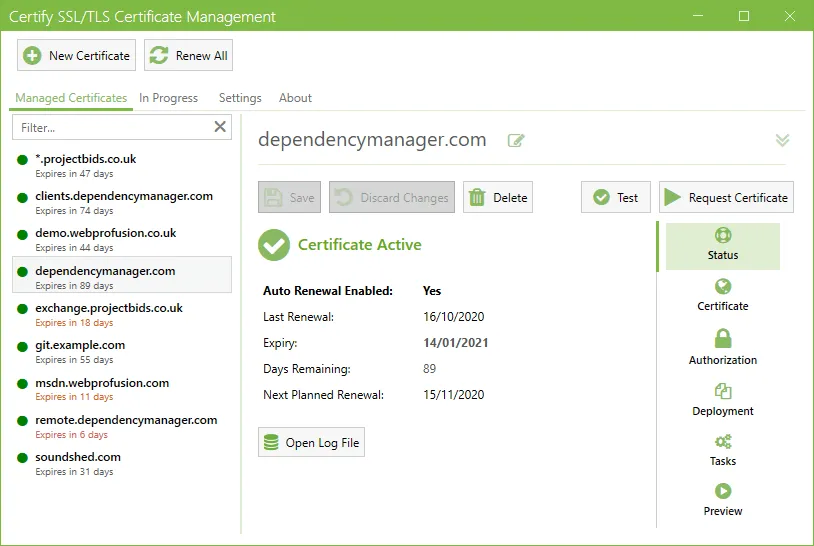 Screenshot of Certify The Web desktop UI showing certificate management dashboard