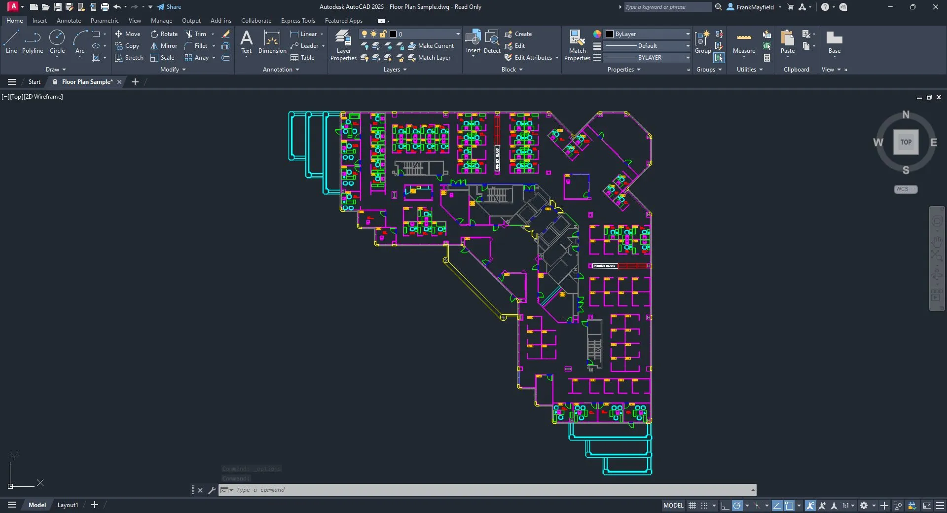 AutoCAD floor plan with adjusted layer visibility showing simplified design view after layer state application