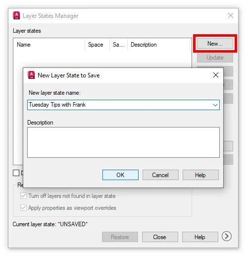 AutoCAD Layer States Manager dialog showing saved layer configuration options and controls
