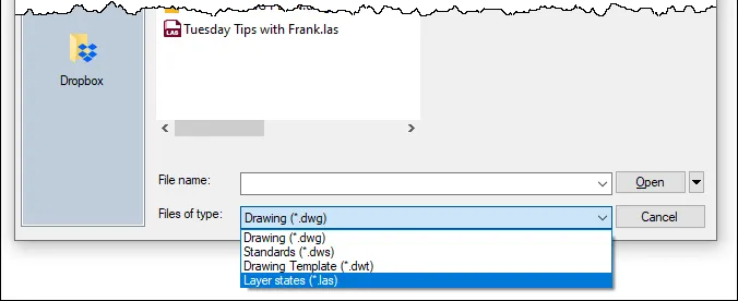 AutoCAD .LAS file extension representation showing exported layer state file format for reuse across projects