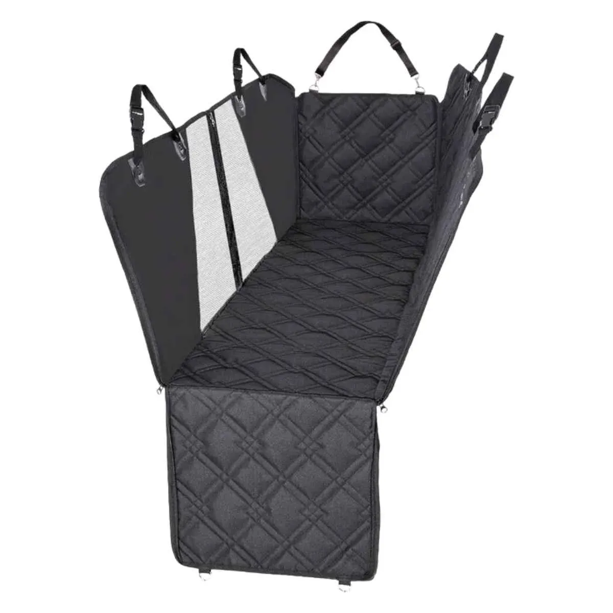 Meadowlark Dog Seat Cover installed in a car back seat with protective hammock design