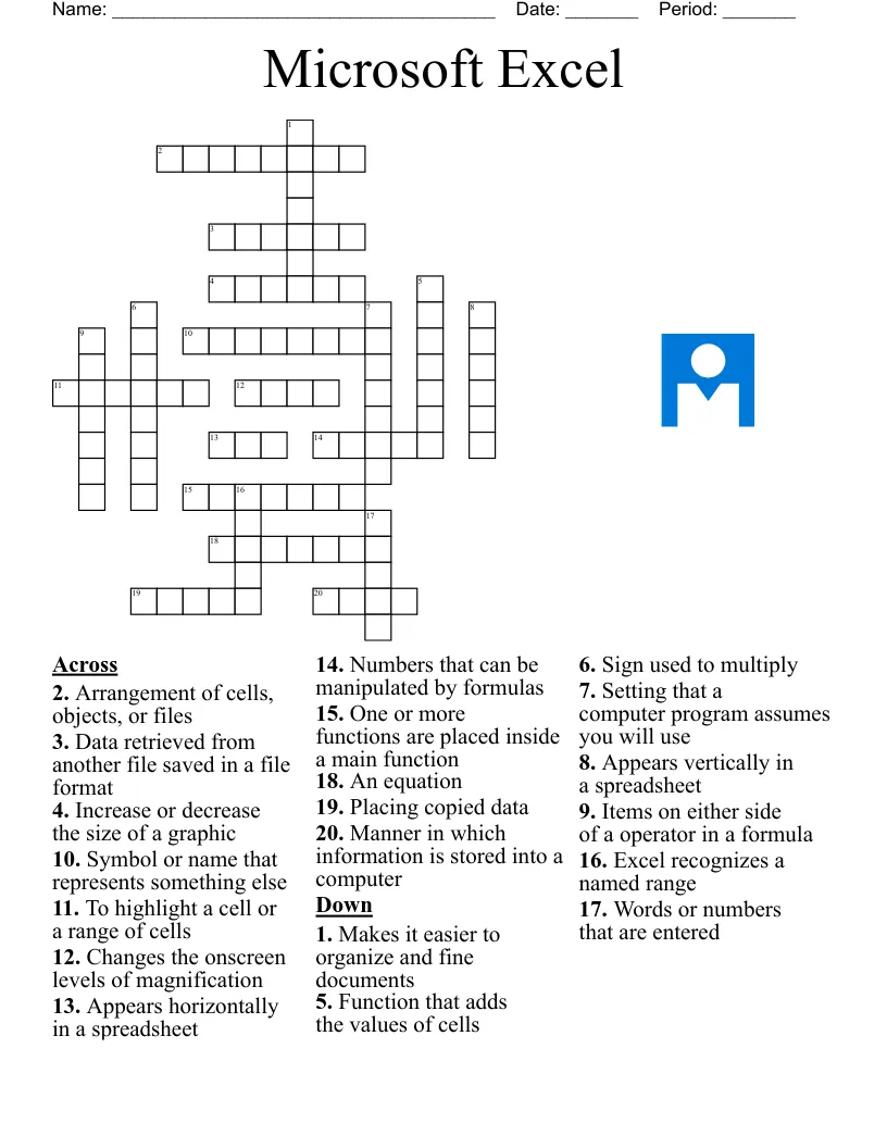 Microsoft Excel crossword puzzle featuring spreadsheet terminology and key concepts