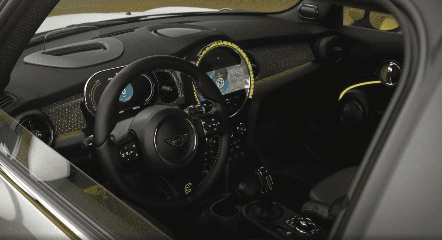 Dashboard and steering wheel with futuristic yellow accents