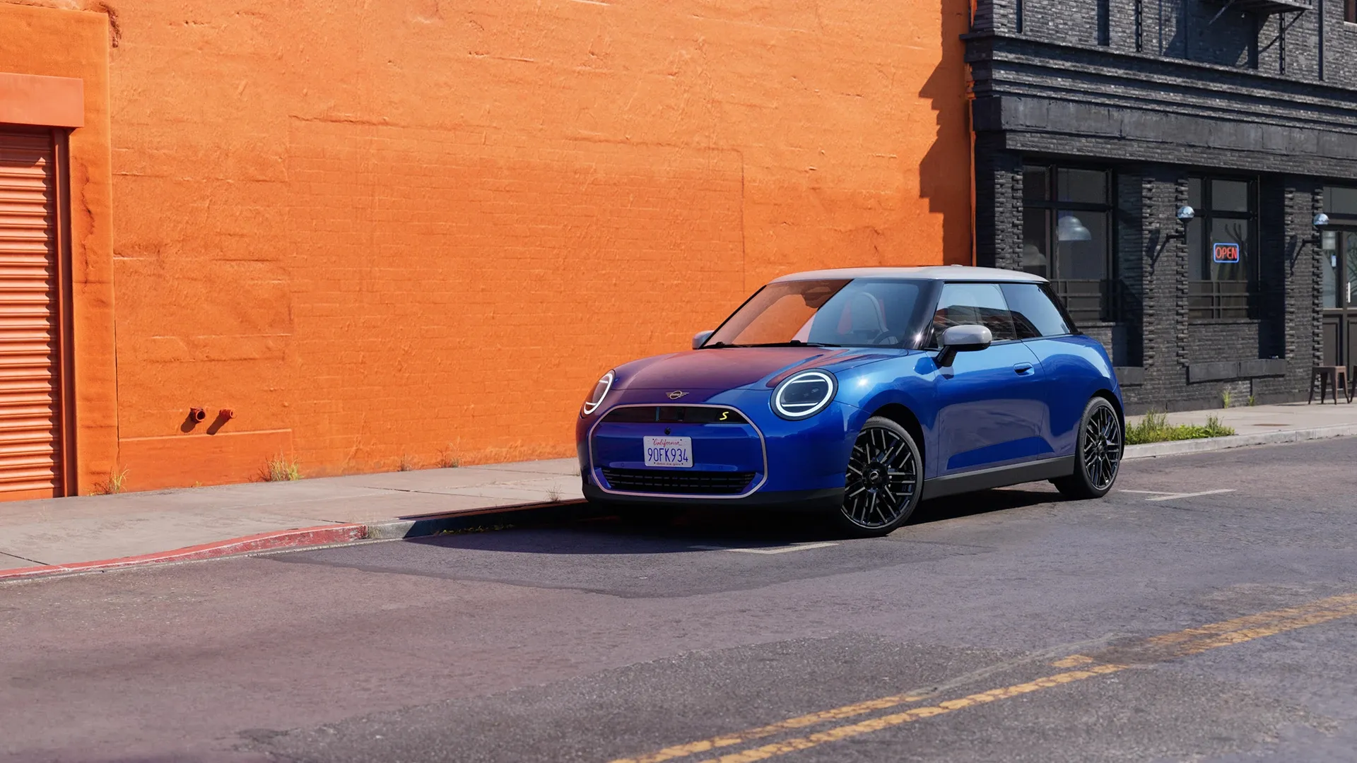 All-electric MINI Cooper in a modern city environment showing its compact and efficient design