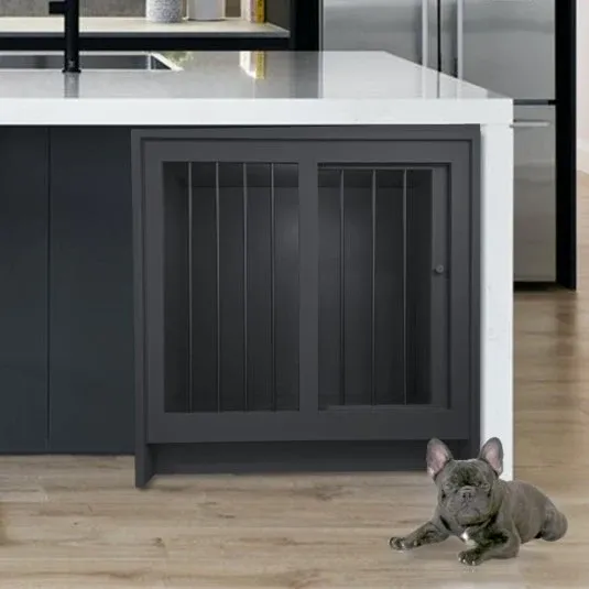 Modern kitchen-integrated dog crate furniture from Cascade Collection with dark chocolate finish and a black French Bulldog resting comfortably inside