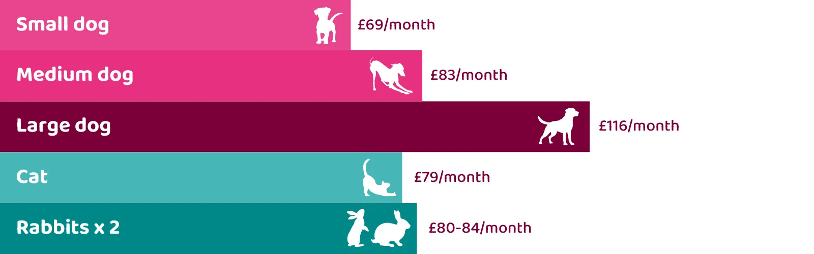 Infographic showing minimum monthly costs for owning small, medium, and large dogs, cats, and rabbits
