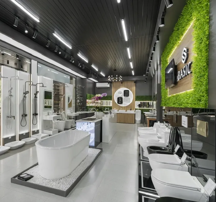Modern bathroom experience center showcasing smart toilet technology and premium sanitary displays