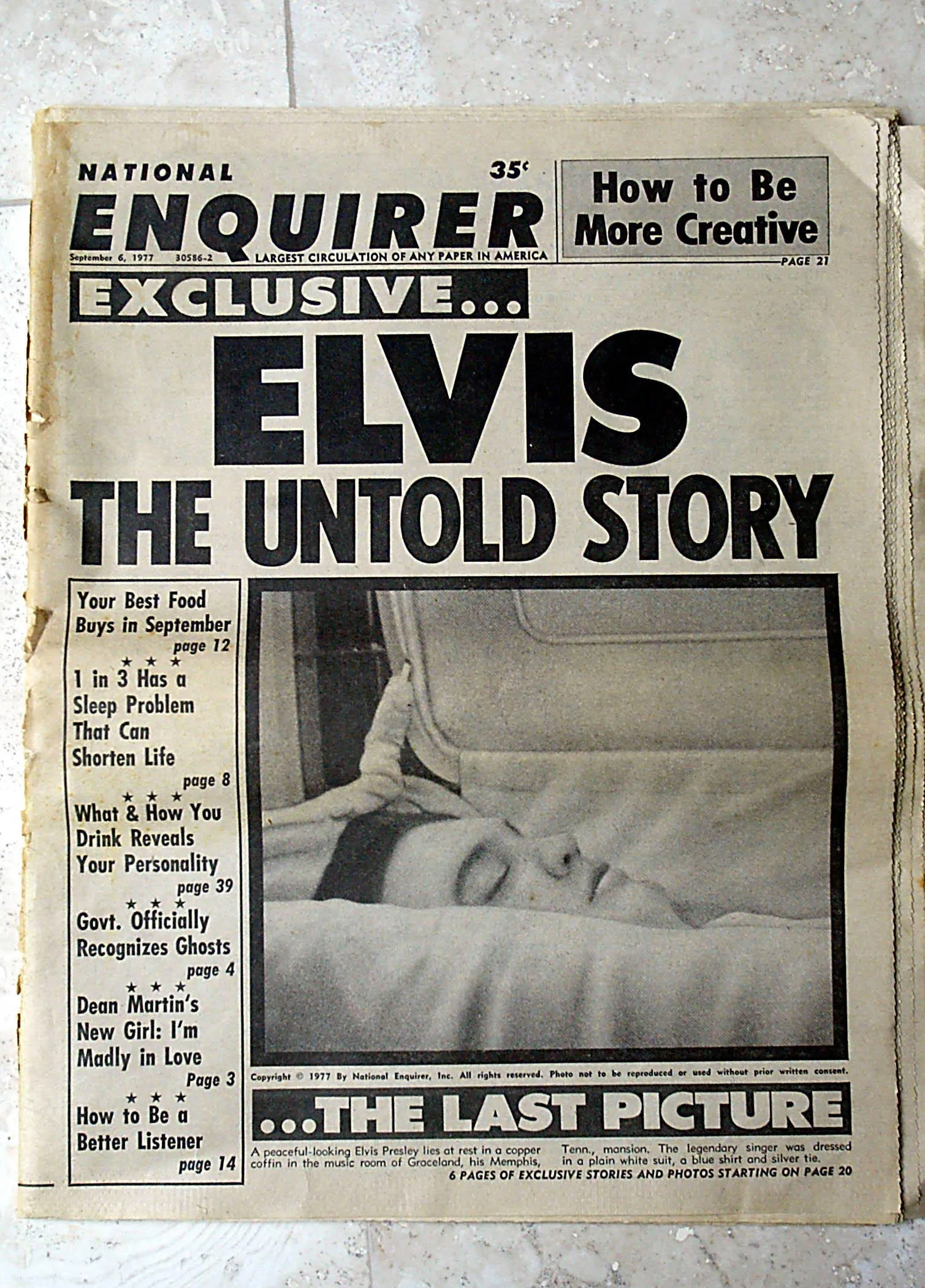 Elvis lying in his coffin as published in the National Enquirer exclusive report