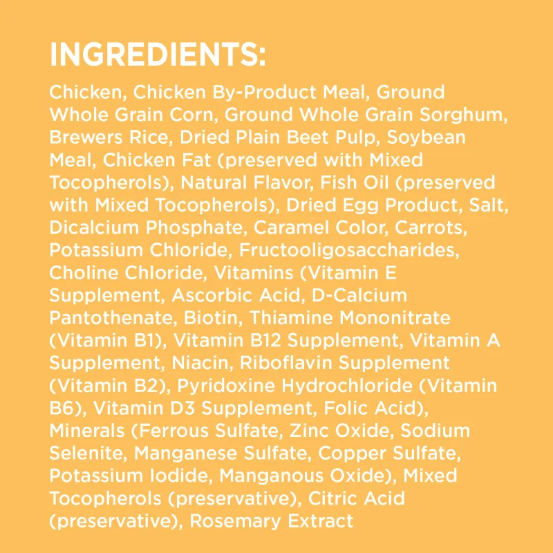 Ingredient breakdown chart showing chicken, grains, and nutrients in IAMS puppy food
