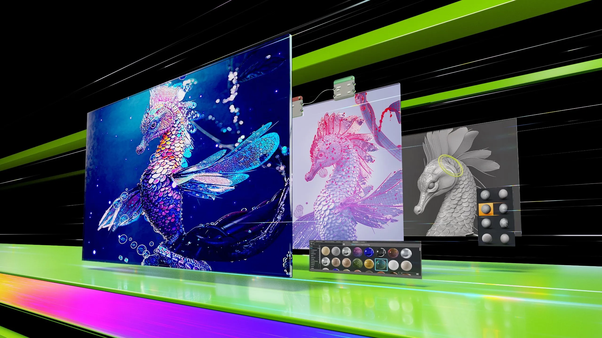 NVIDIA Studio creative workspace showcasing GPU-accelerated 3D rendering and video editing capabilities
