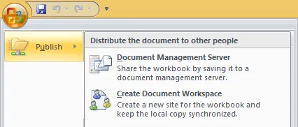 Publishing and collaboration options available in Excel 2007