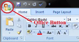 Office Button located in the upper-left corner of Excel 2007 window