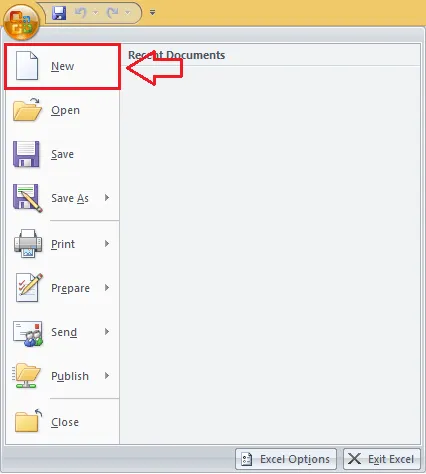 New Workbook dialog accessed through the Office Button menu