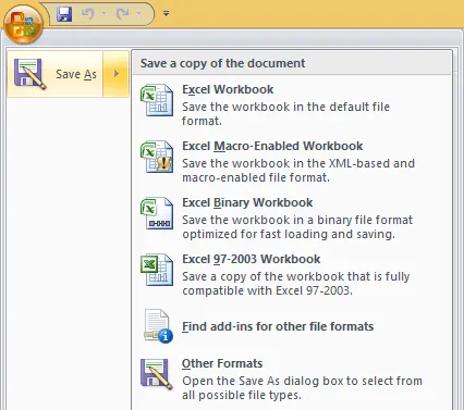 Save As options available from the Excel Office Button menu