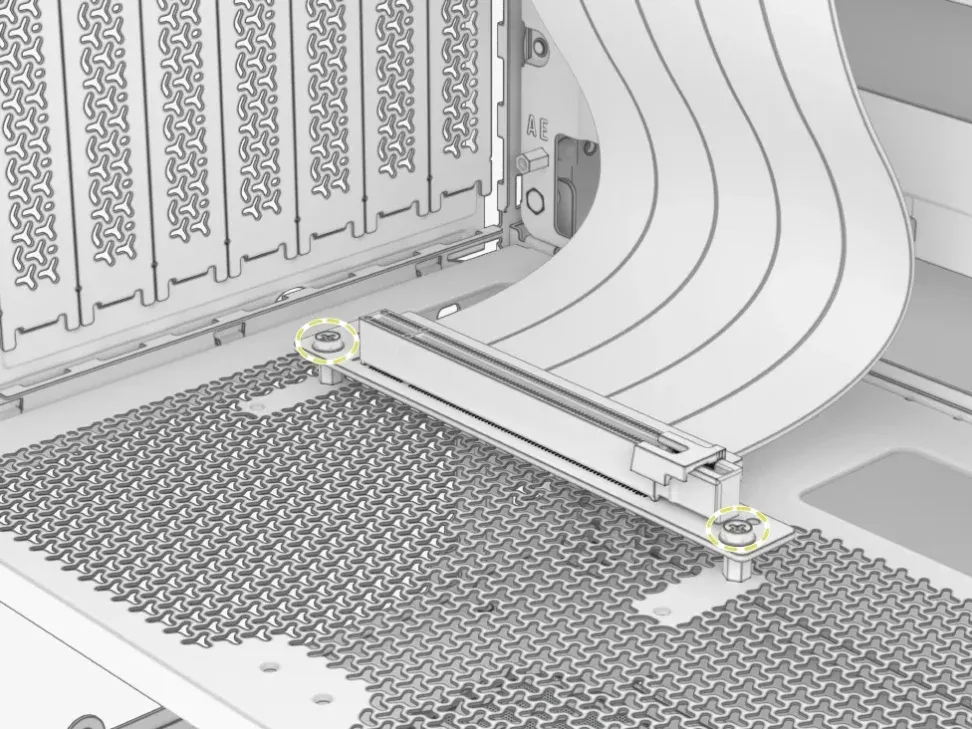 PCIe riser cable connecting GPU to motherboard for vertical installation