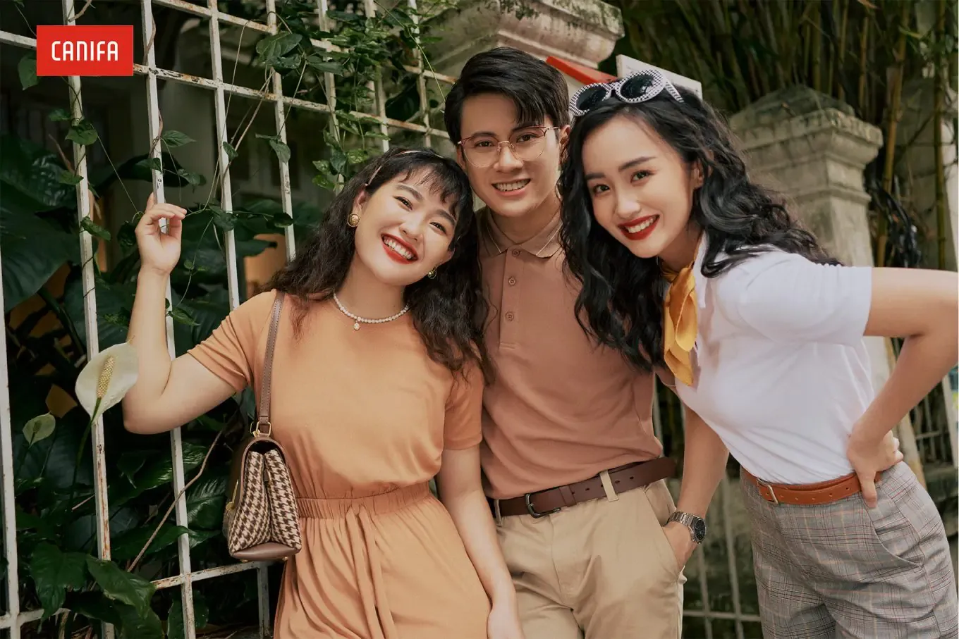 Classic vintage outfit styling with retro patterns and neutral color palette