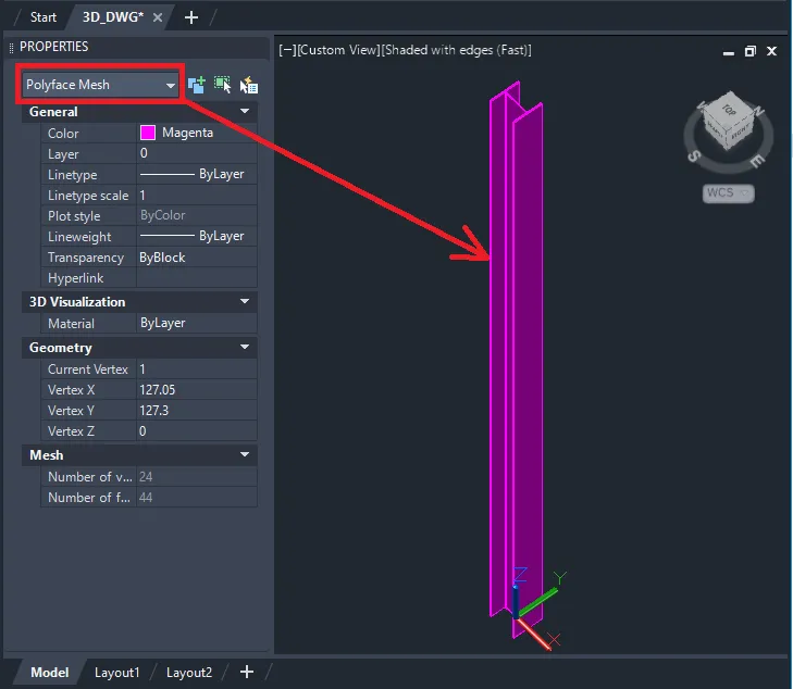 Tekla Structures 3D object exported as polyface mesh in AutoCAD DWG