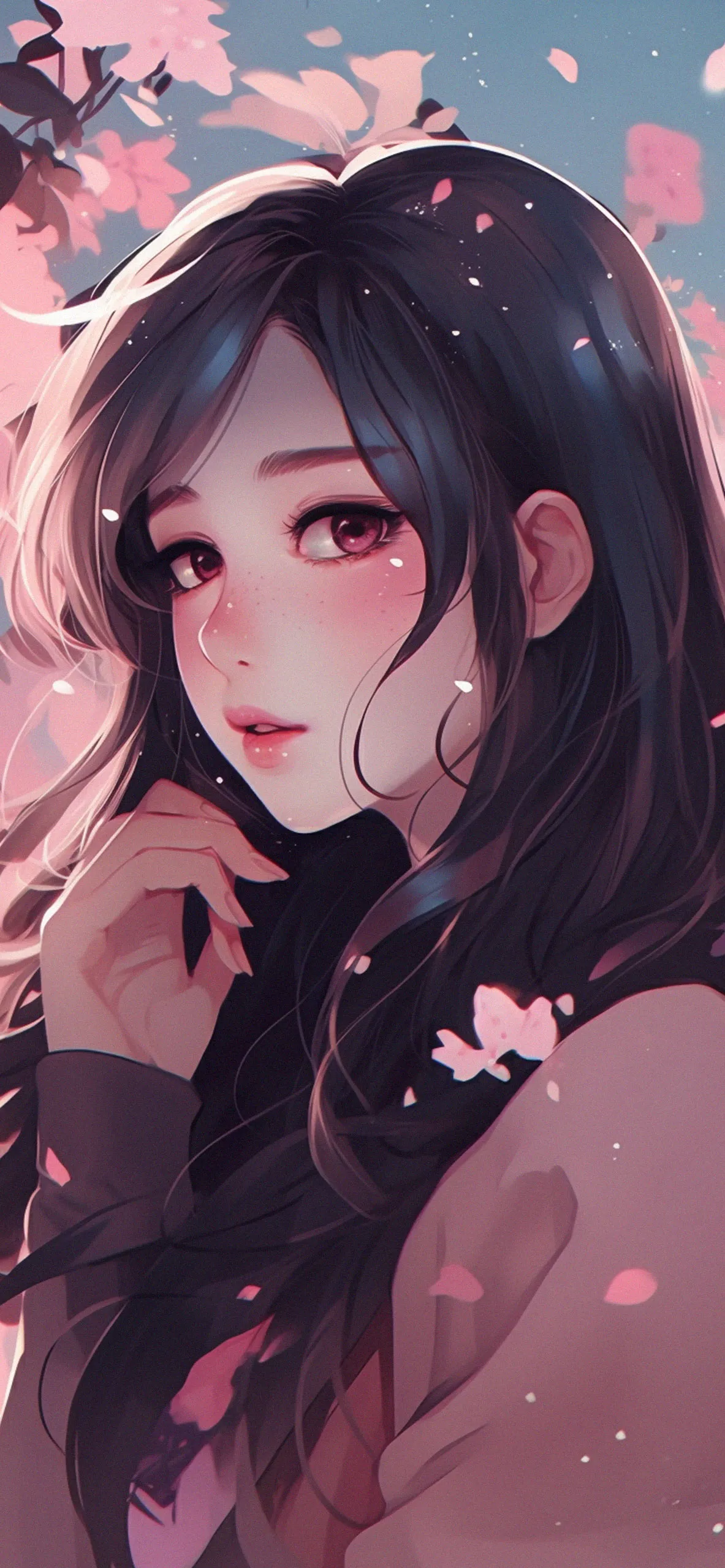 Pretty anime girl with soft pink tones and a dreamy expression