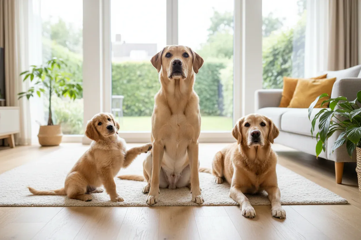 Puppy, adult, and senior dogs together representing life stage nutrition