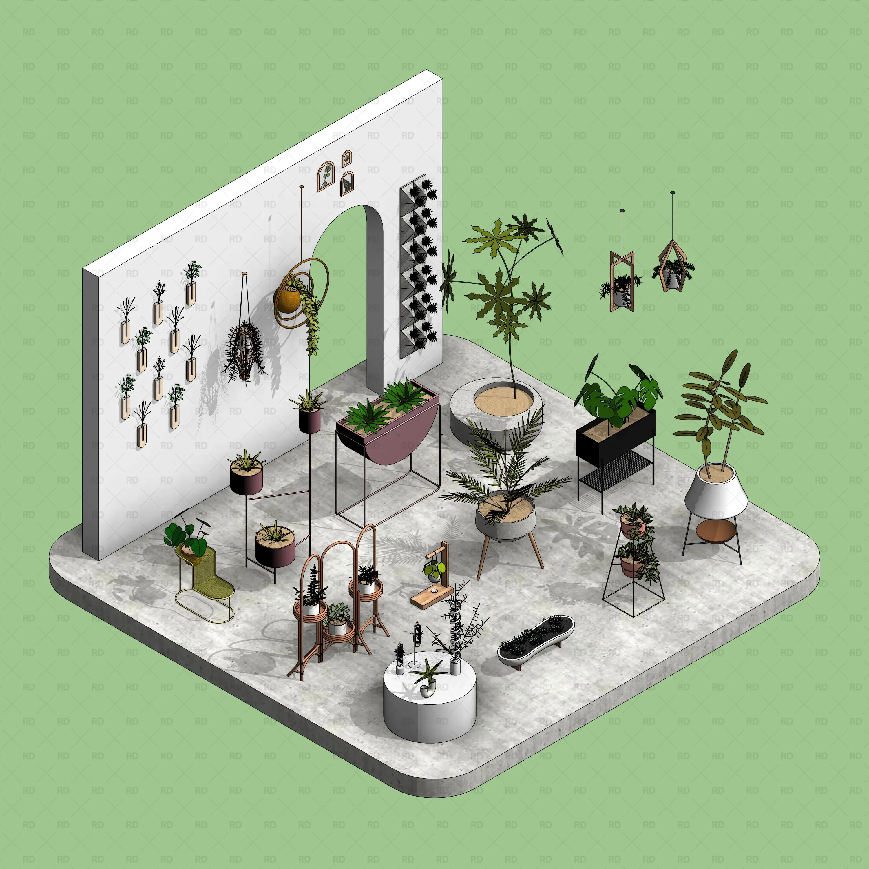 Realistic potted plant Revit families used for interior design visualization and architectural rendering