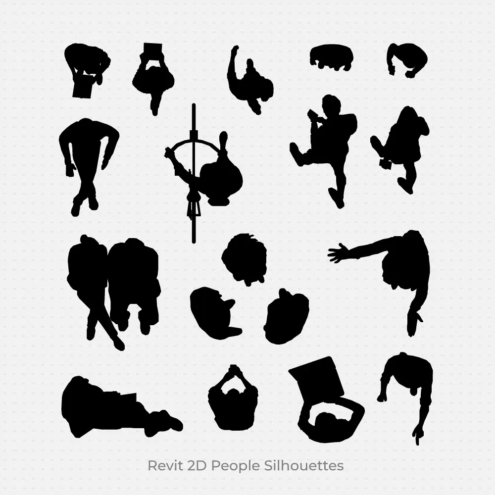 Top view 2D people silhouettes used in architectural floor plans and site layout diagrams