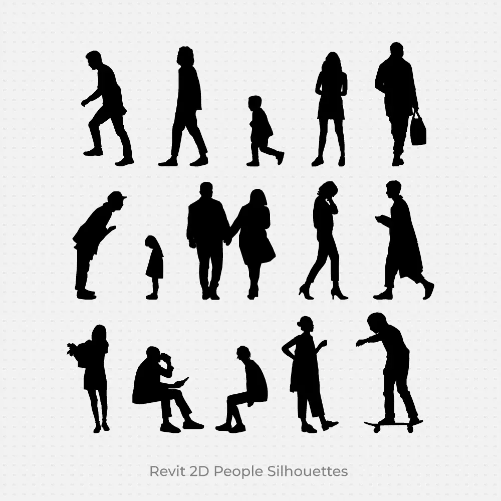 2D human silhouettes for Revit elevation drawings used in architectural sections and facade presentation