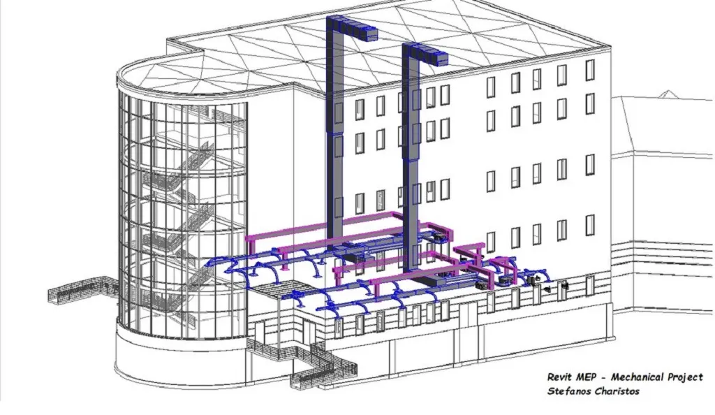 Revit MEP 3D BIM model showing integrated mechanical, electrical, and plumbing systems