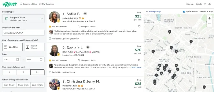 Rover pet sitting rates shown as examples in Los Angeles