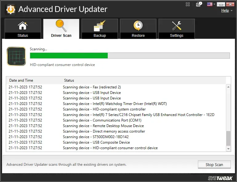 Driver scanning process analyzing installed hardware