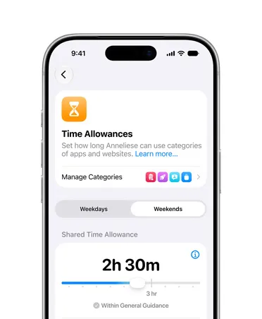 iPhone 17 Pro, Silver, screen shows Time Allowance and Screen Time Schedule options in Settings