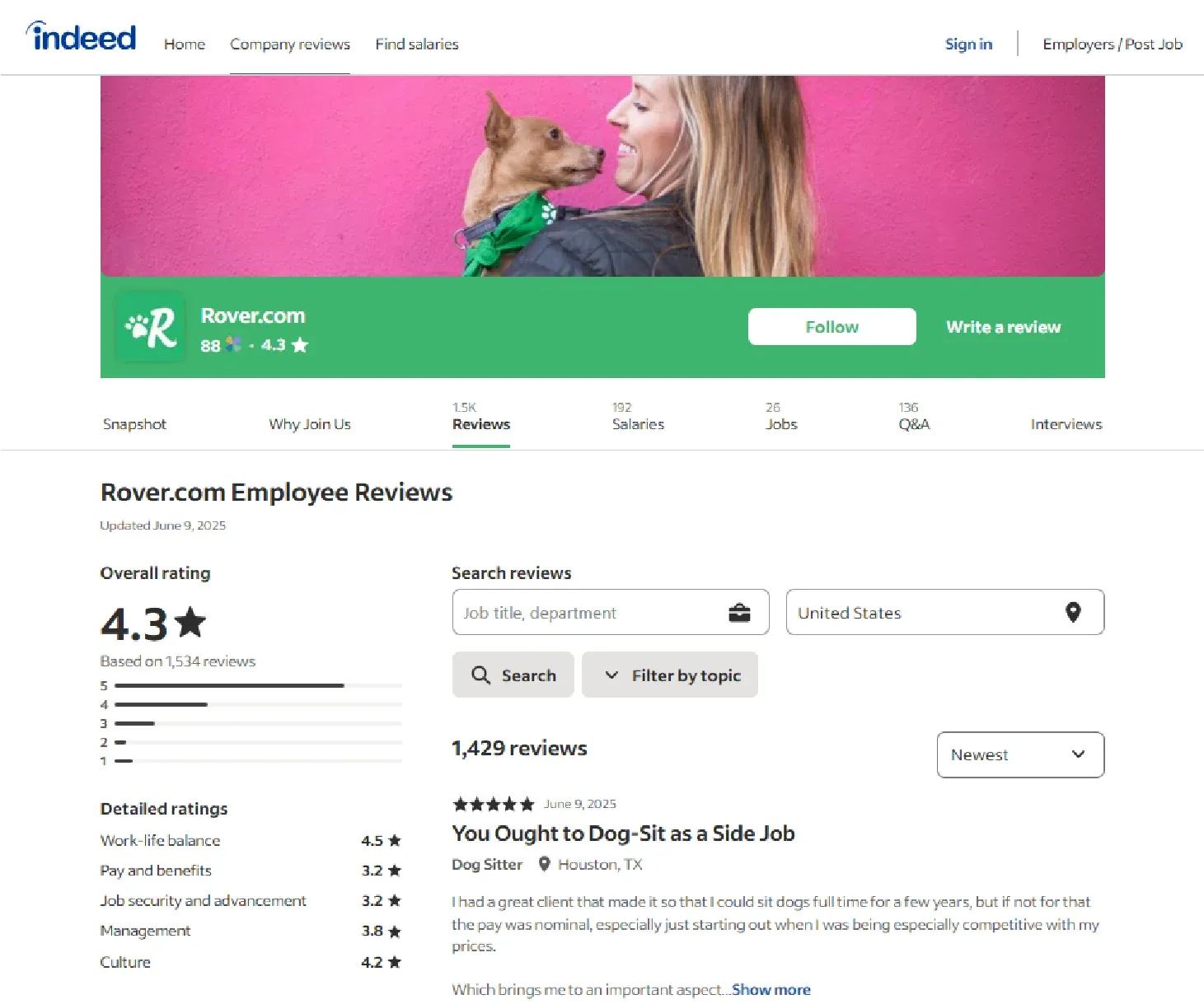 Screenshot of the Rover employee review page on Indeed