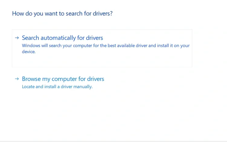 Automatic driver search option in Windows update wizard