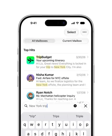 iPhone 17 Pro, Silver, front screen showing selection of emails retrieved from search term "New York trip"