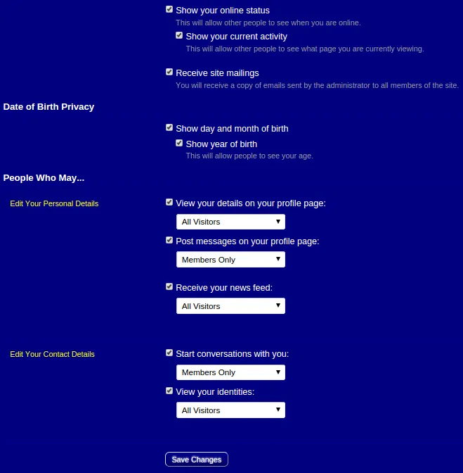 Privacy configuration panel showing visibility and account preferences