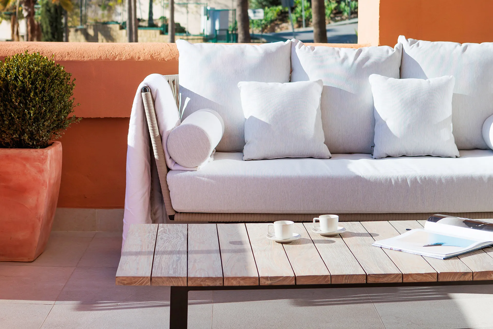 Sienna Canasta outdoor furniture collection including sofa, armchairs, and coffee tables by G&G Italia