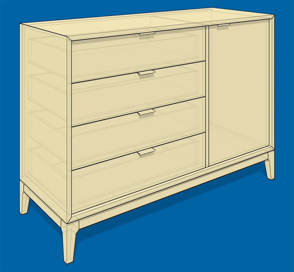 A detailed dresser model created in SketchUp