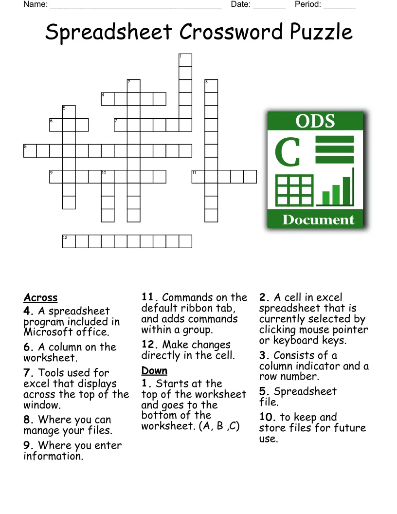 Spreadsheet crossword puzzle with scenario-based clues for intermediate Excel learners