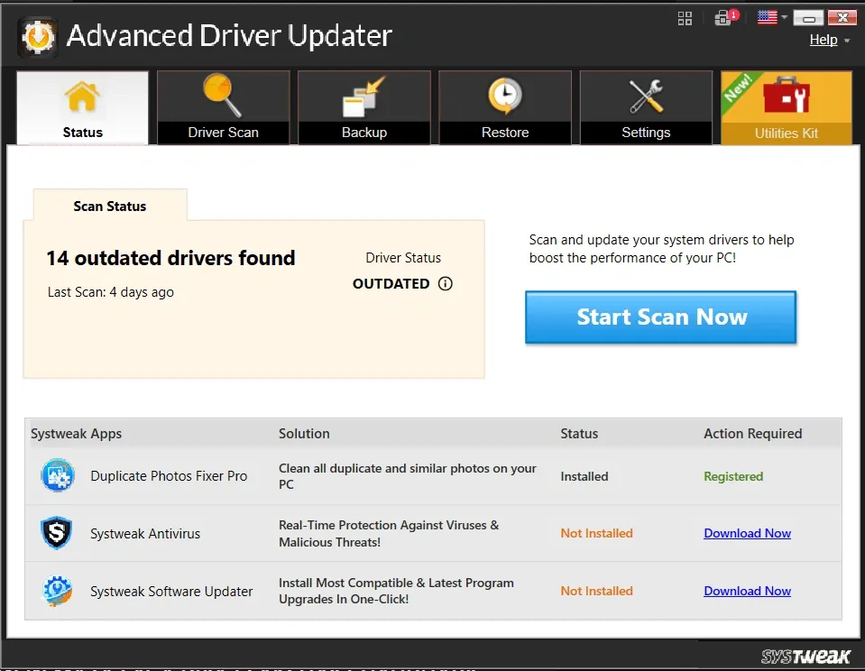 Driver updater application initiating system scan