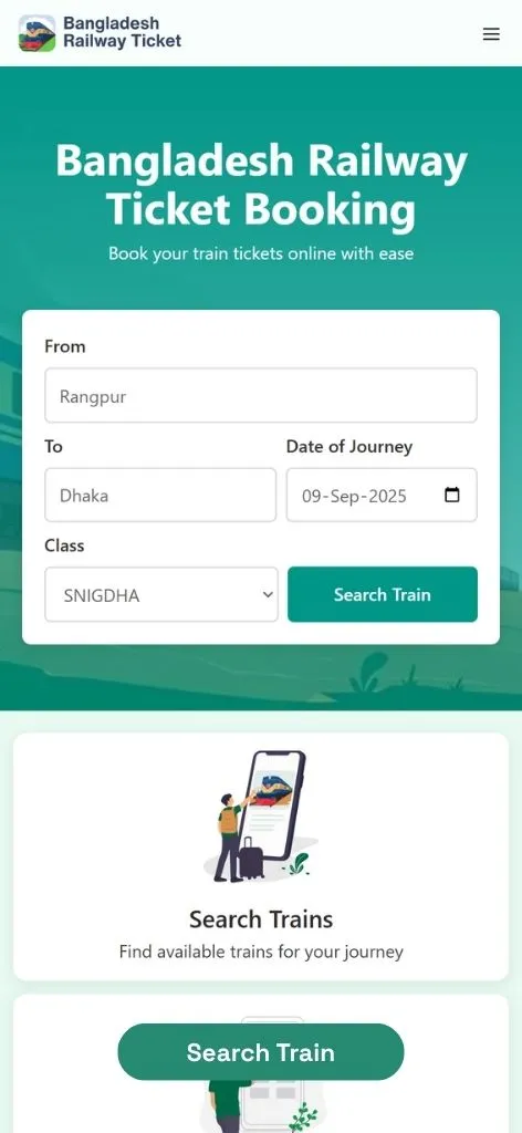 Bangladesh Railway online ticket search interface showing departure and destination fields