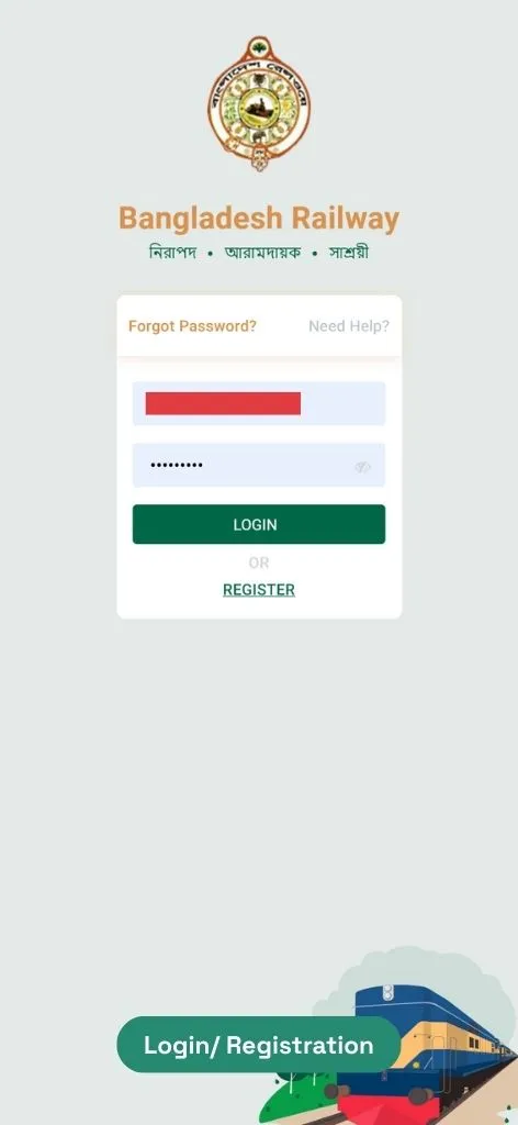 Bangladesh Railway login and registration screen for new and returning users