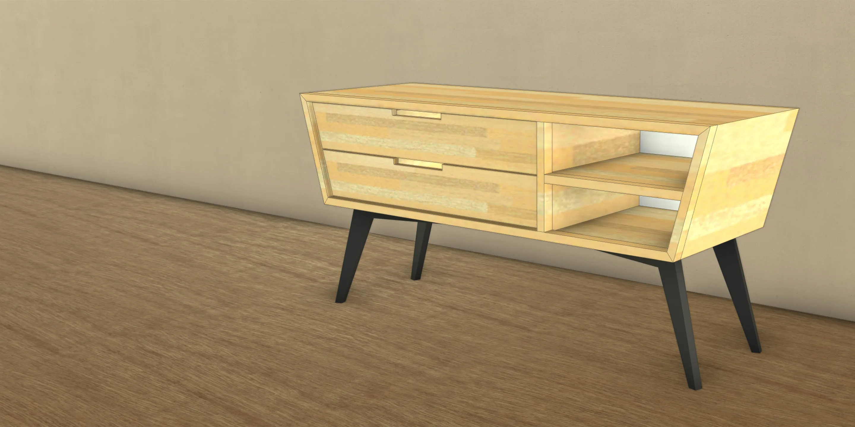 A light-toned wood media table with dark legs, designed in SketchUp