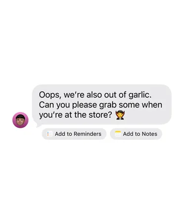 A received iMessage with two suggested action buttons below: Add to Reminders and Add to Notes