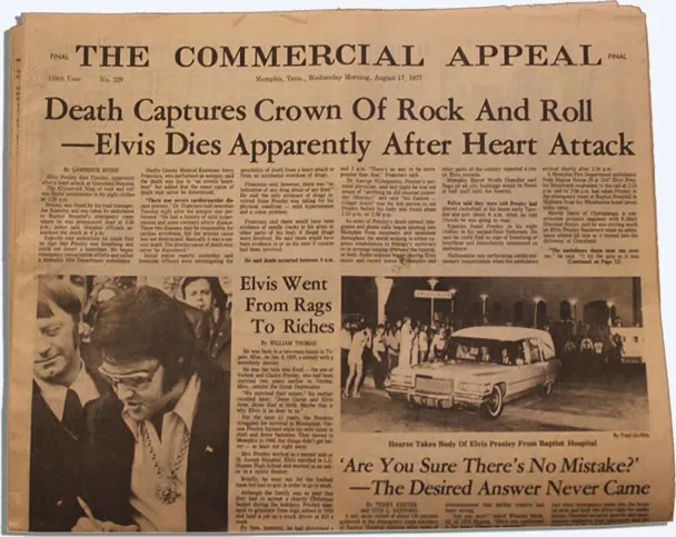 Front page of The Commercial Appeal reporting Elvis Presley's death in Memphis