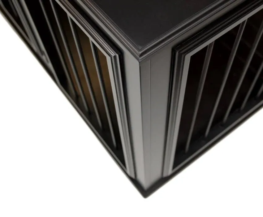 Luxury handcrafted wooden dog crate furniture with premium hardwood molding and elegant finish in a modern home interior setting