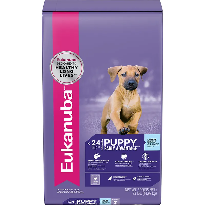 High-quality dry dog food for large breed puppies with visible kibble pieces