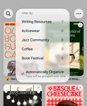 iPhone Safari browser, displaying the Filter menu with categories like Writing Resources, Activewear, Jazz Community, and more.