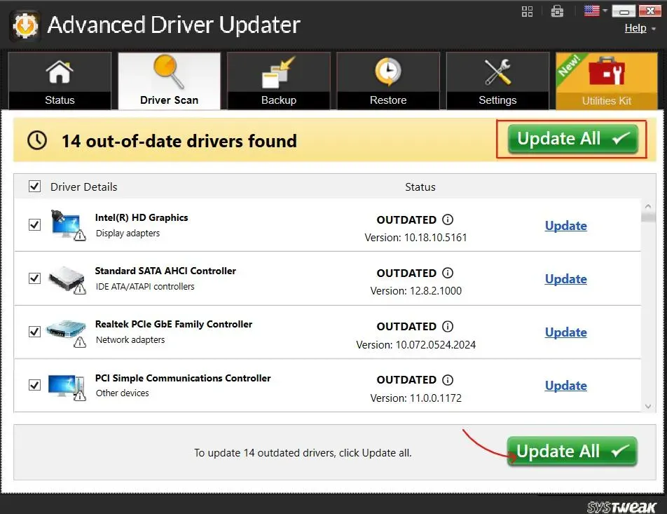 Driver update dashboard displaying available updates